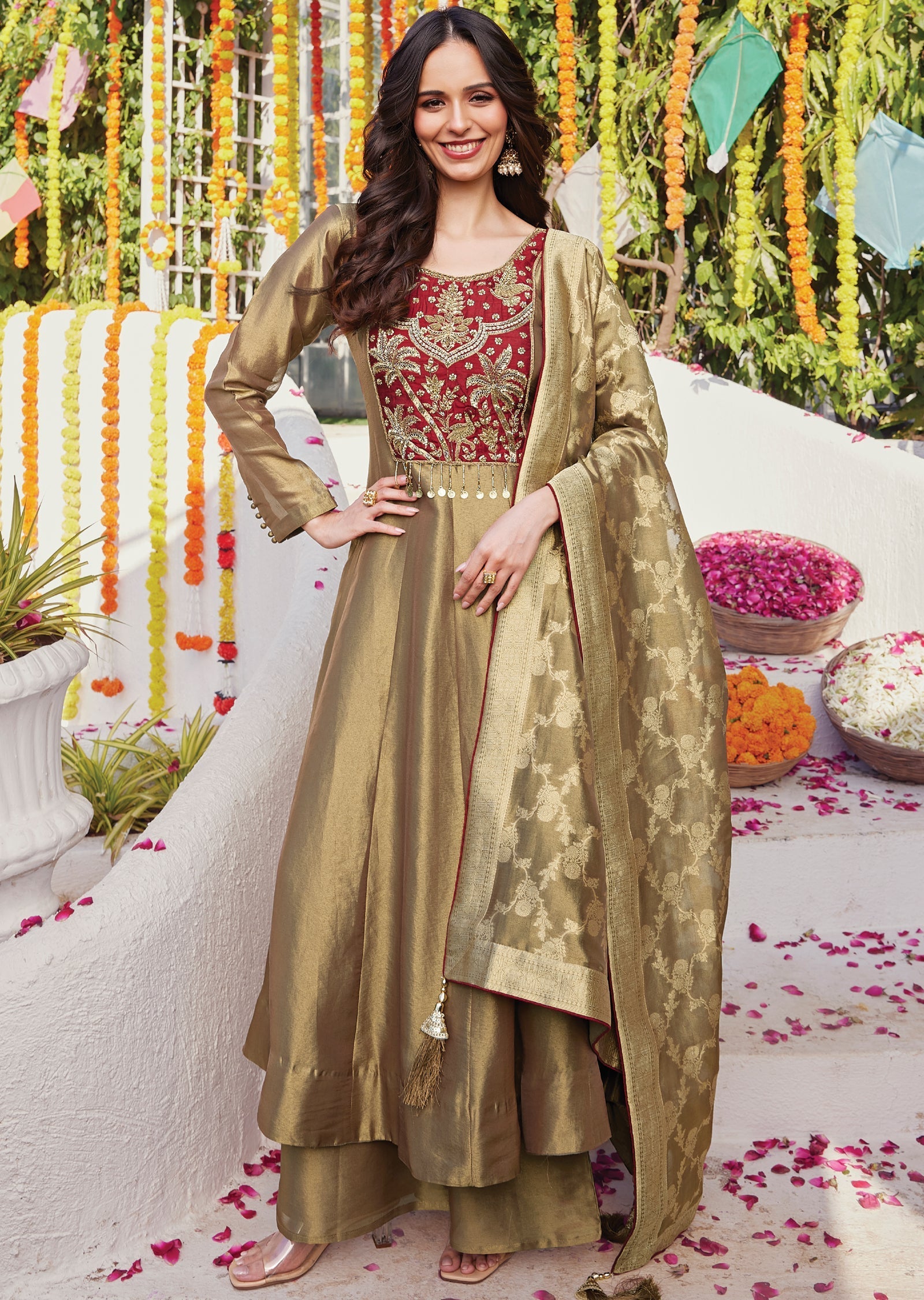 Beige Tissue Anarkali with Banaras Dupatta