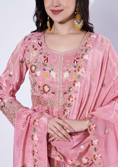 Pink Tissue Front-Slit Anarkali Suit