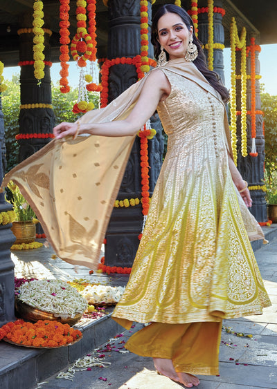 Yellow ombré Tissue Front-Slit Anarkali