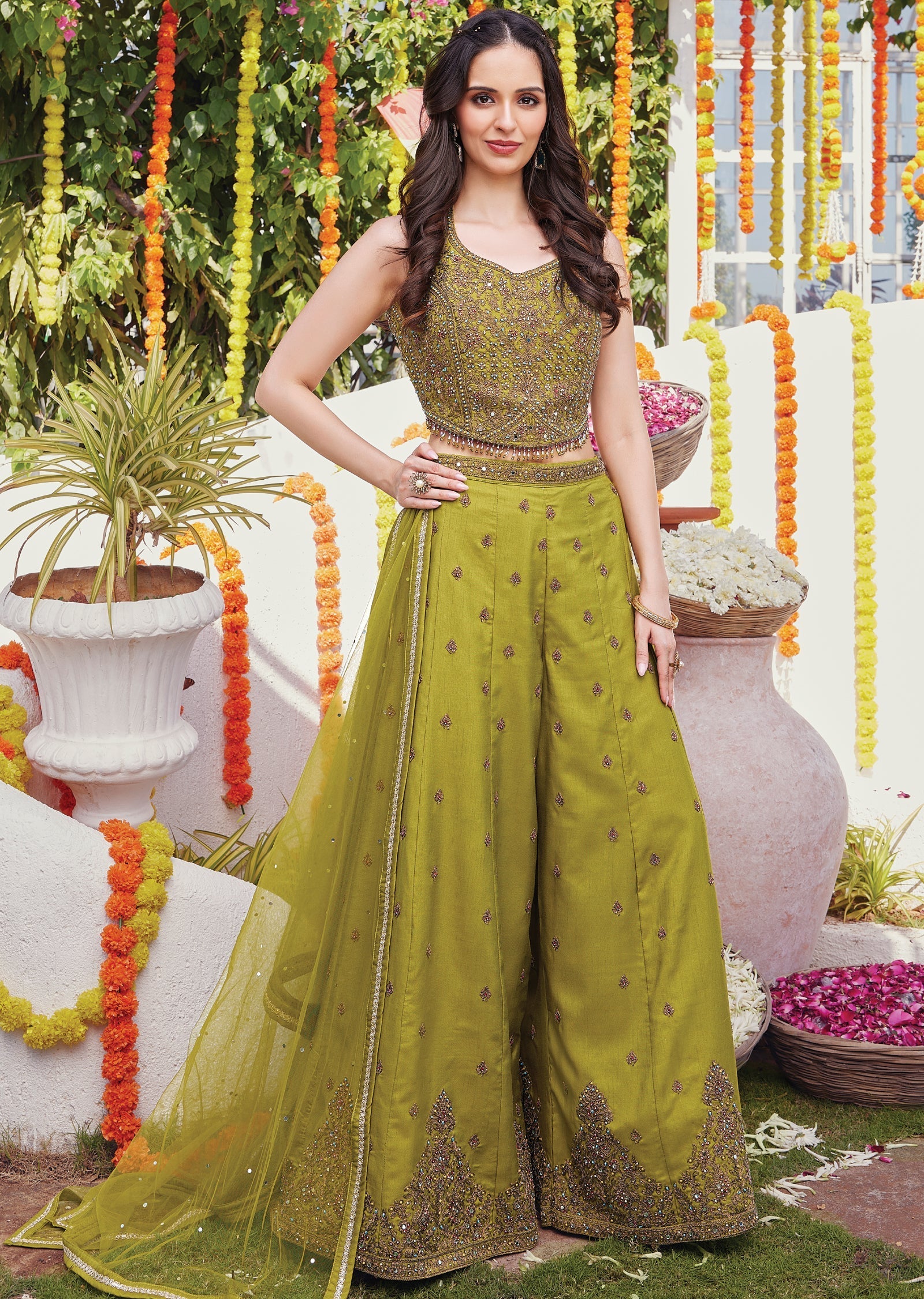 Olive green silk Sharara set