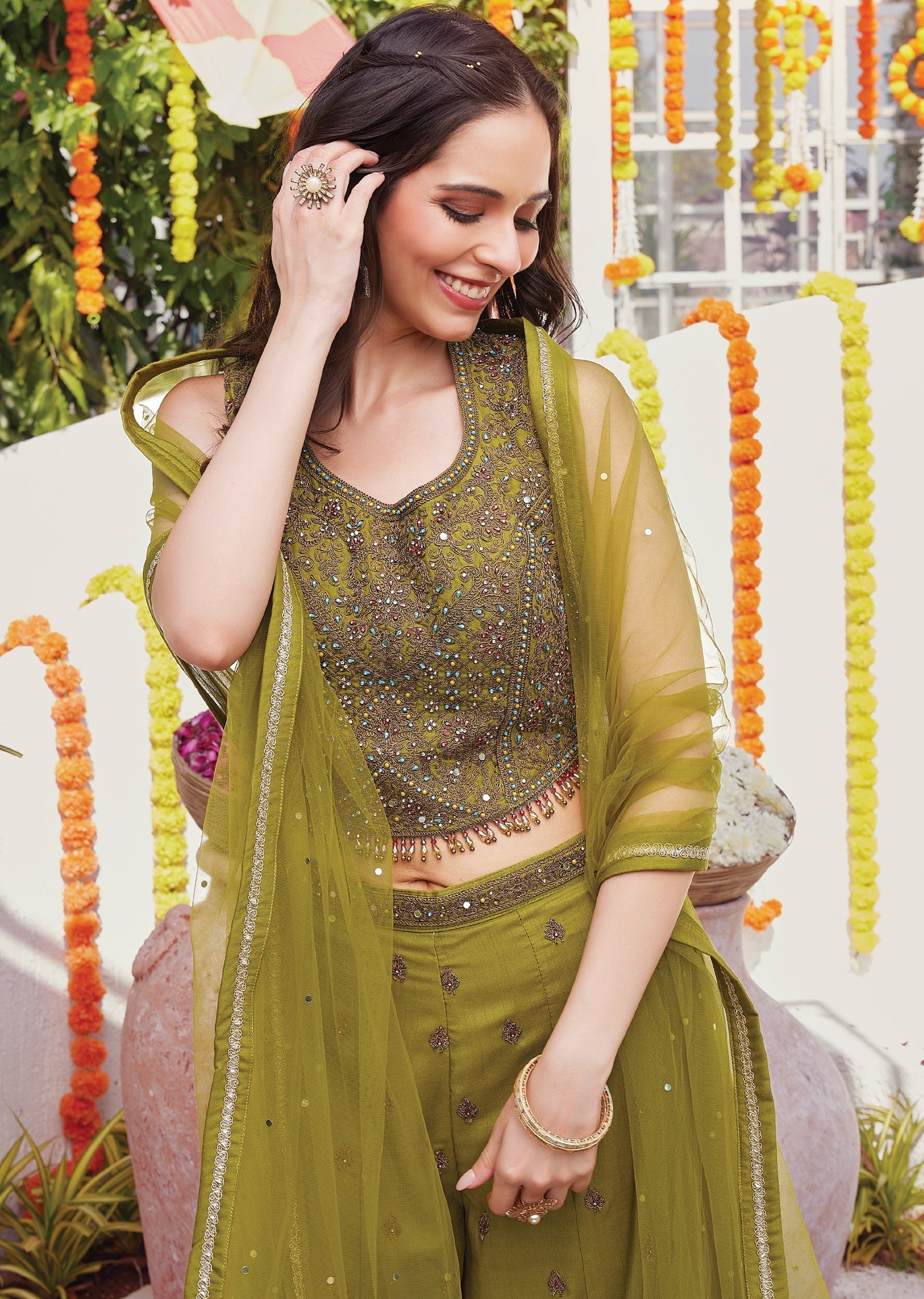 Olive green silk Sharara set