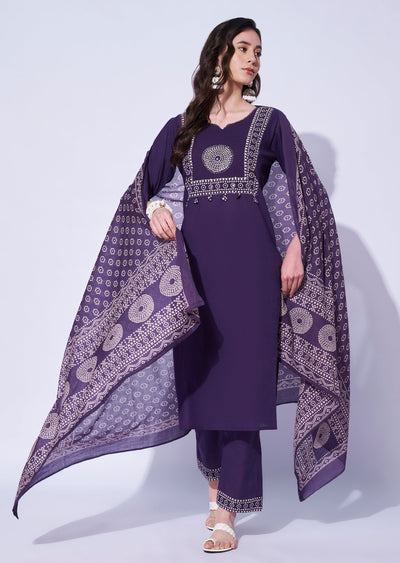 Purple Cotton Straight Cut Kurti Set