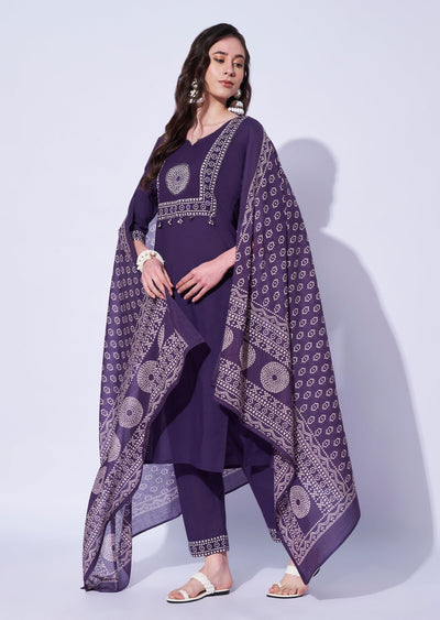 Purple Cotton Straight Cut Kurti Set