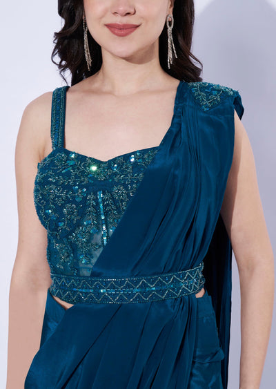 Teal Blue Crepe Indowestern Set
