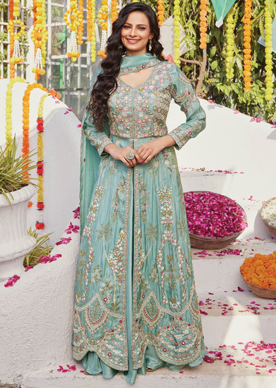 Blue Tissue Front-Slit Anarkali & lehenga set