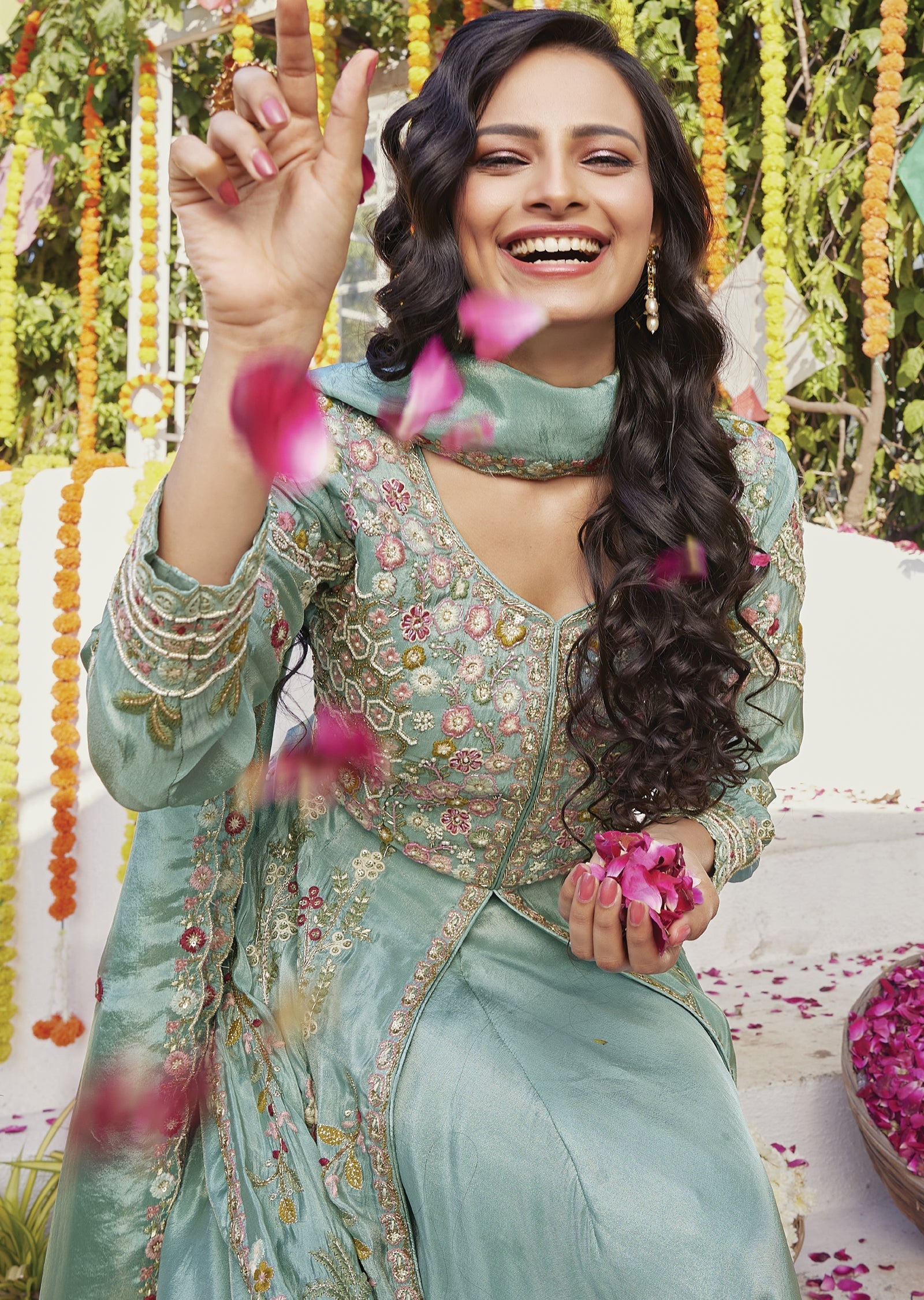 Blue Tissue Front-Slit Anarkali & lehenga set