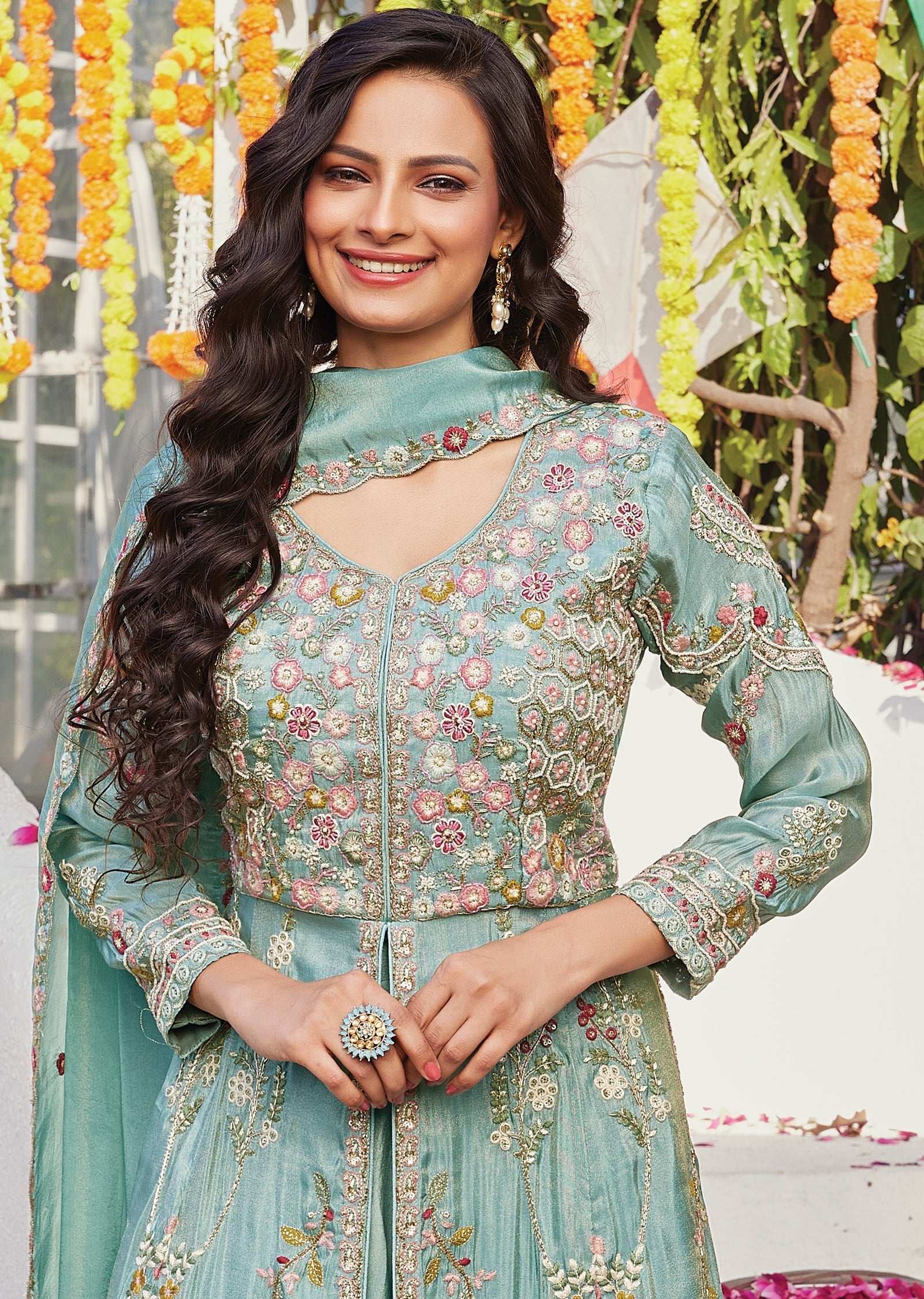 Blue Tissue Front-Slit Anarkali & lehenga set