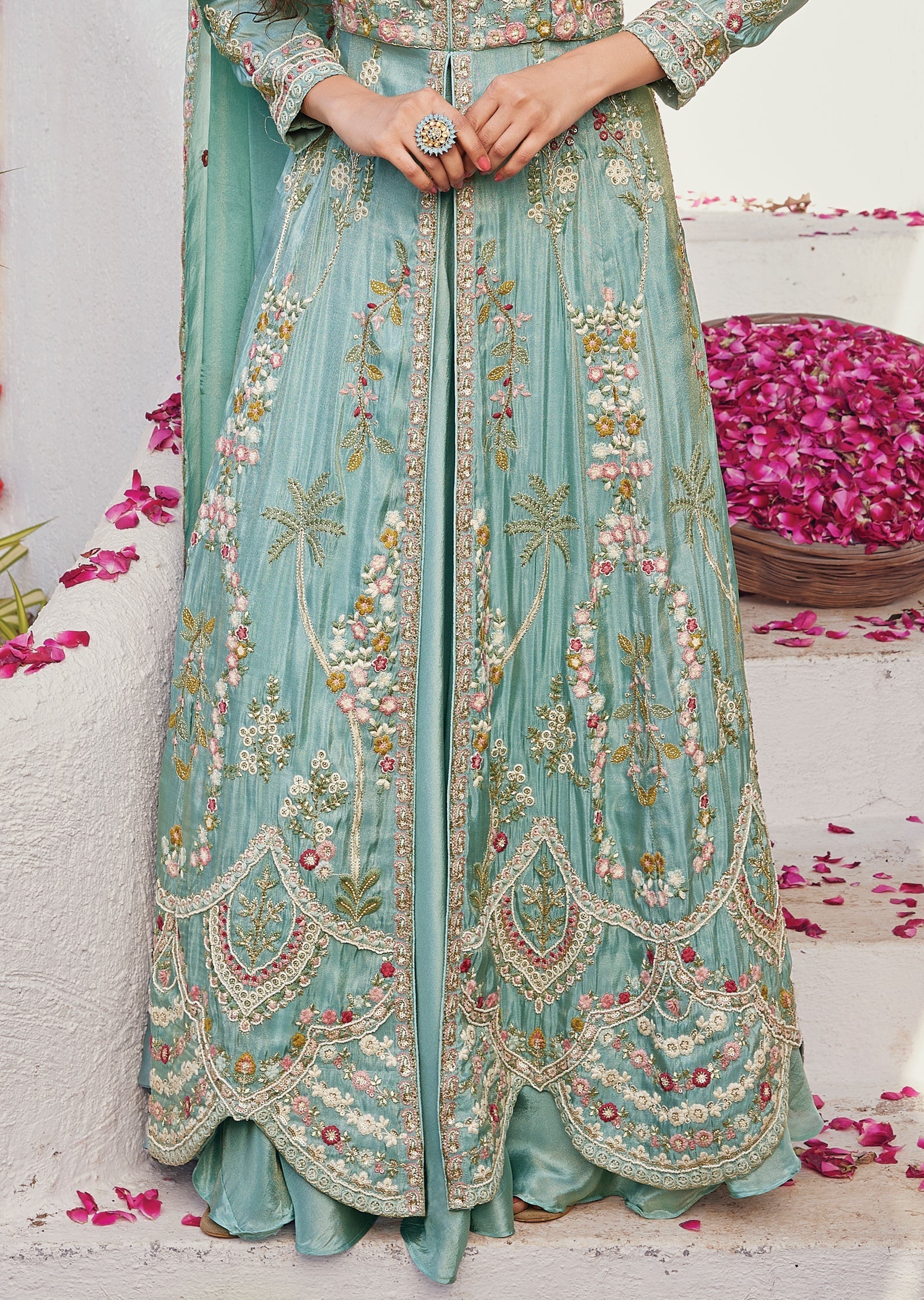 Blue Tissue Front-Slit Anarkali & lehenga set