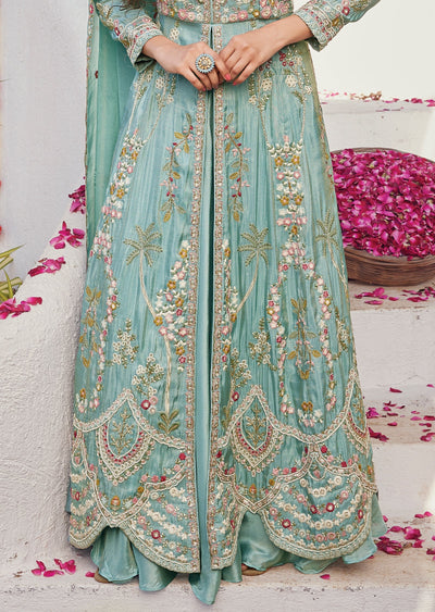 Blue Tissue Front-Slit Anarkali & lehenga set