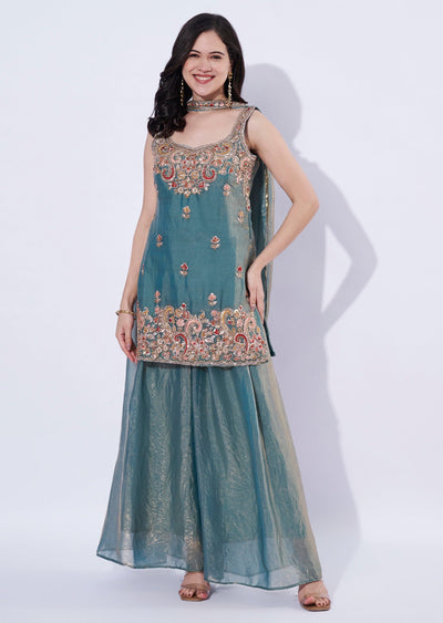 Sea Green Indo western Palazzo Set