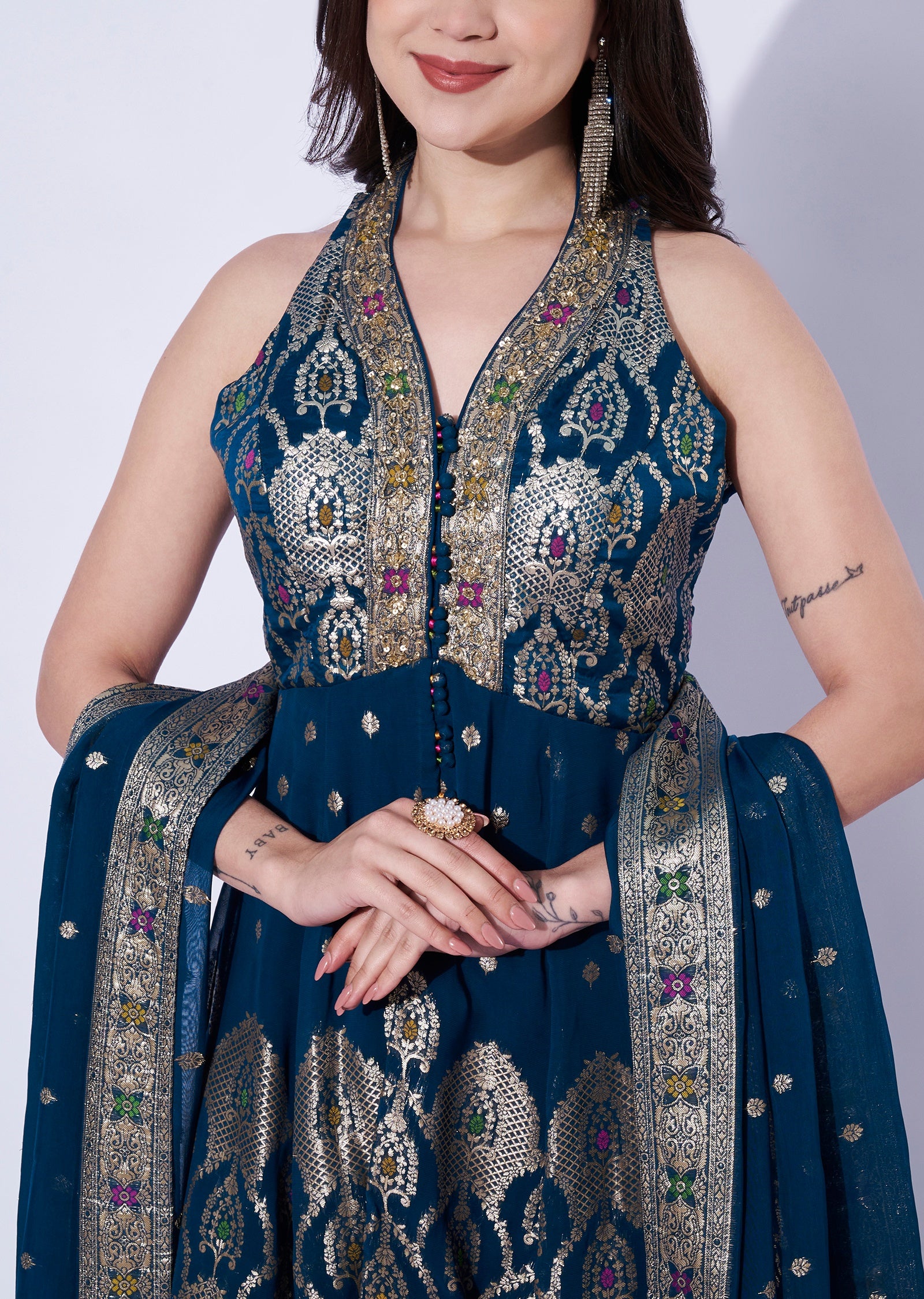 Teal Blue Georgette Front-Slit anarkali and gharara set