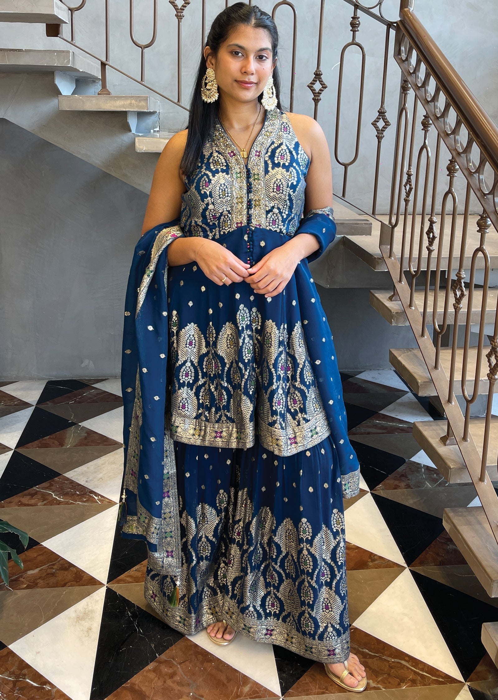 Teal Blue Georgette Front-Slit anarkali and gharara set