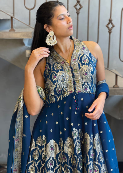 Teal Blue Georgette Front-Slit anarkali and gharara set