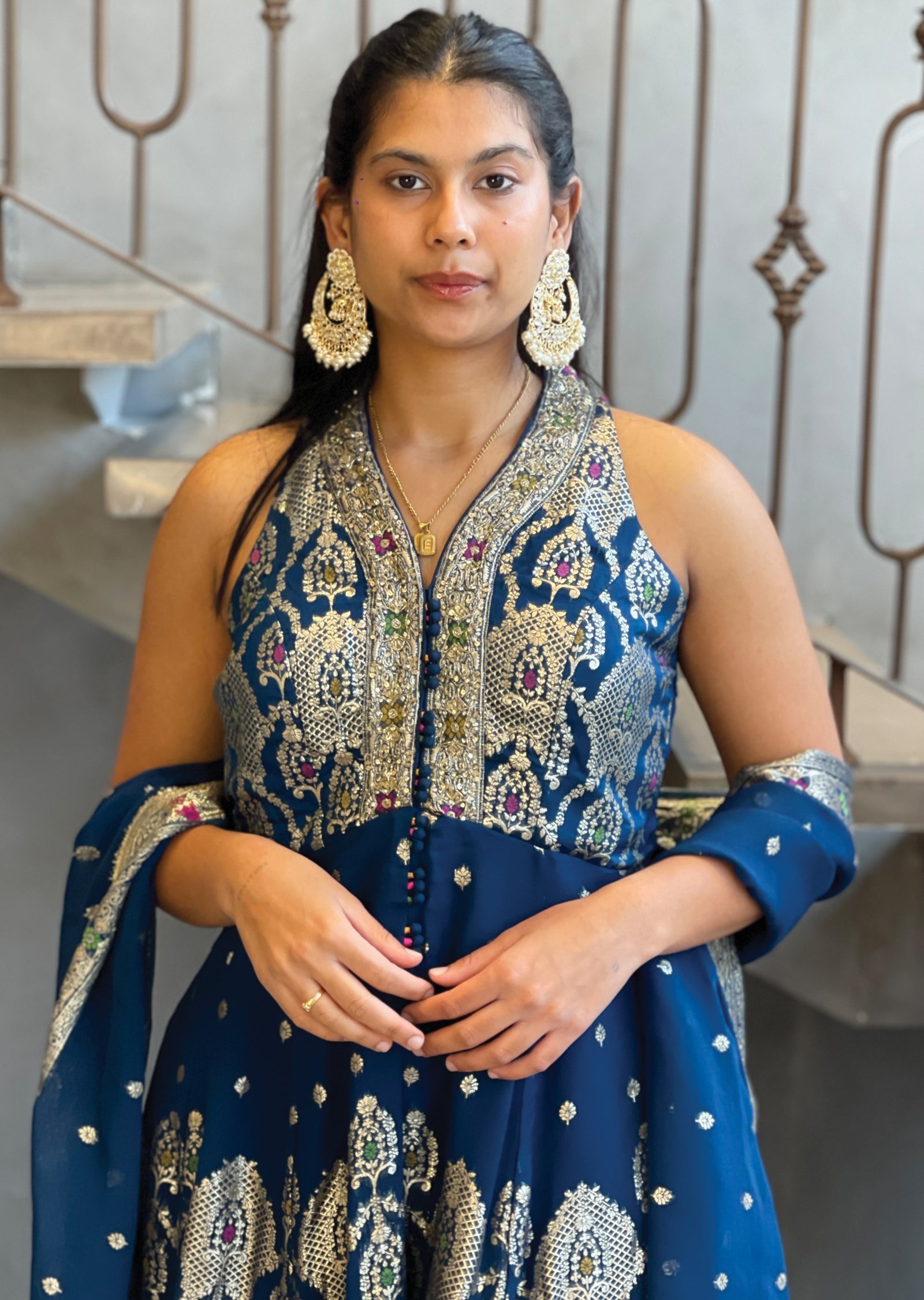 Teal Blue Georgette Front-Slit anarkali and gharara set