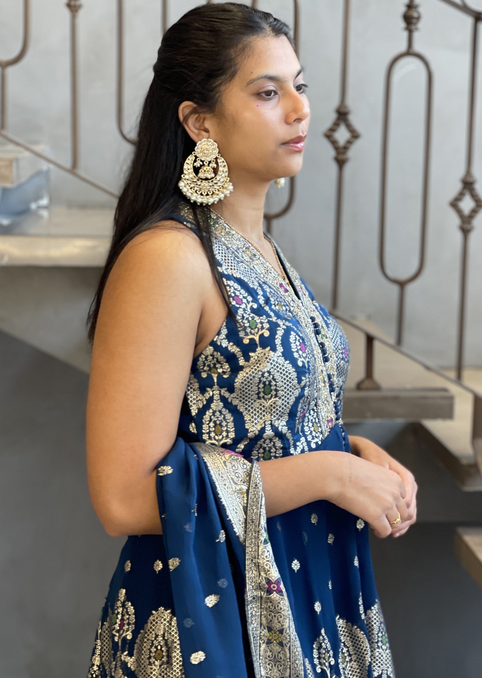 Teal Blue Georgette Front-Slit anarkali and gharara set