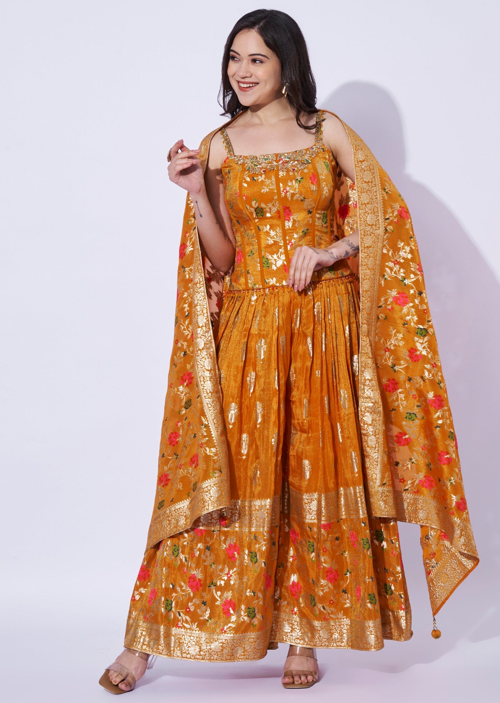 Orange Tissue corset Blouse with Palazzo & Banaras Dupatta