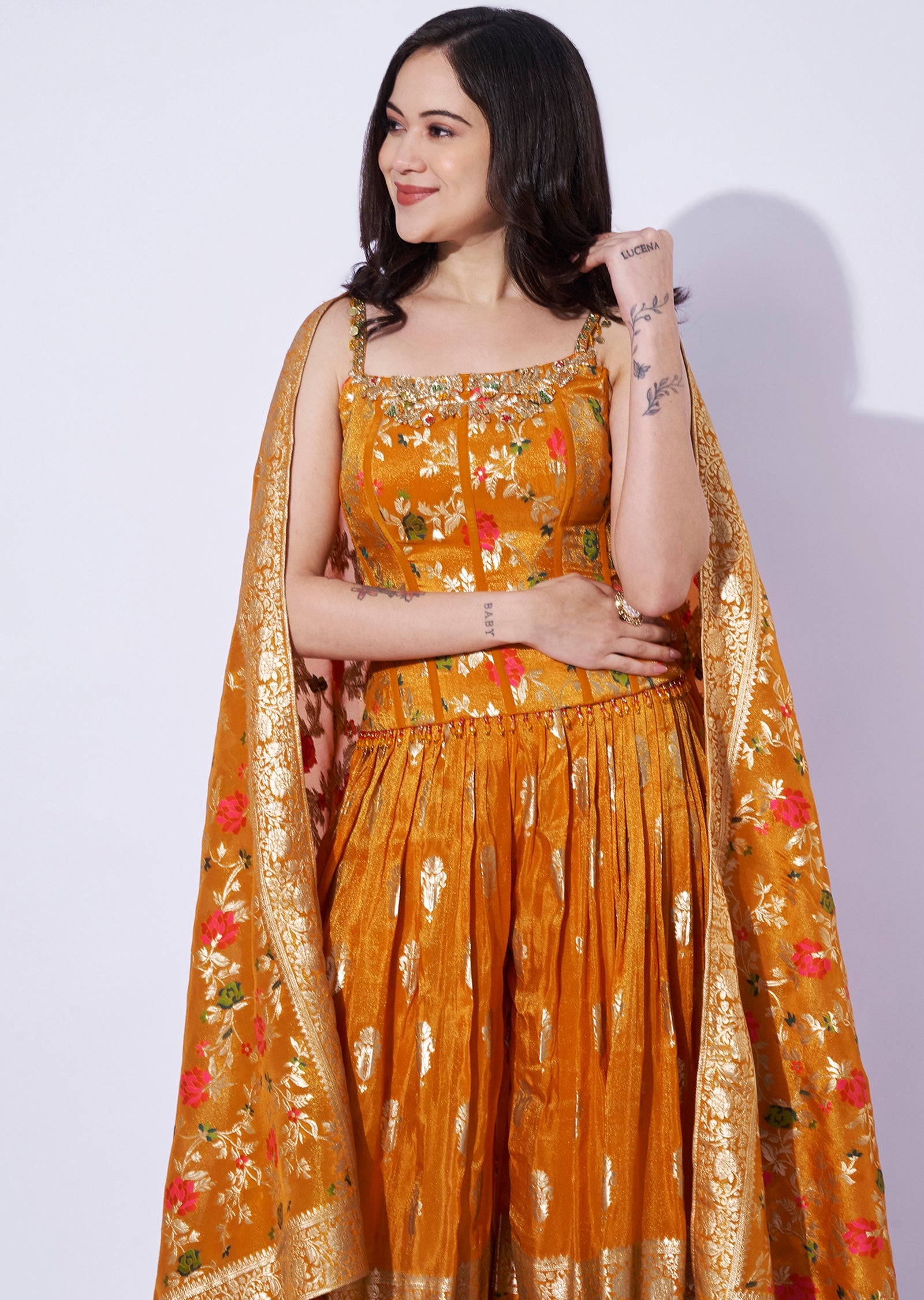 Orange Tissue corset Blouse with Palazzo & Banaras Dupatta