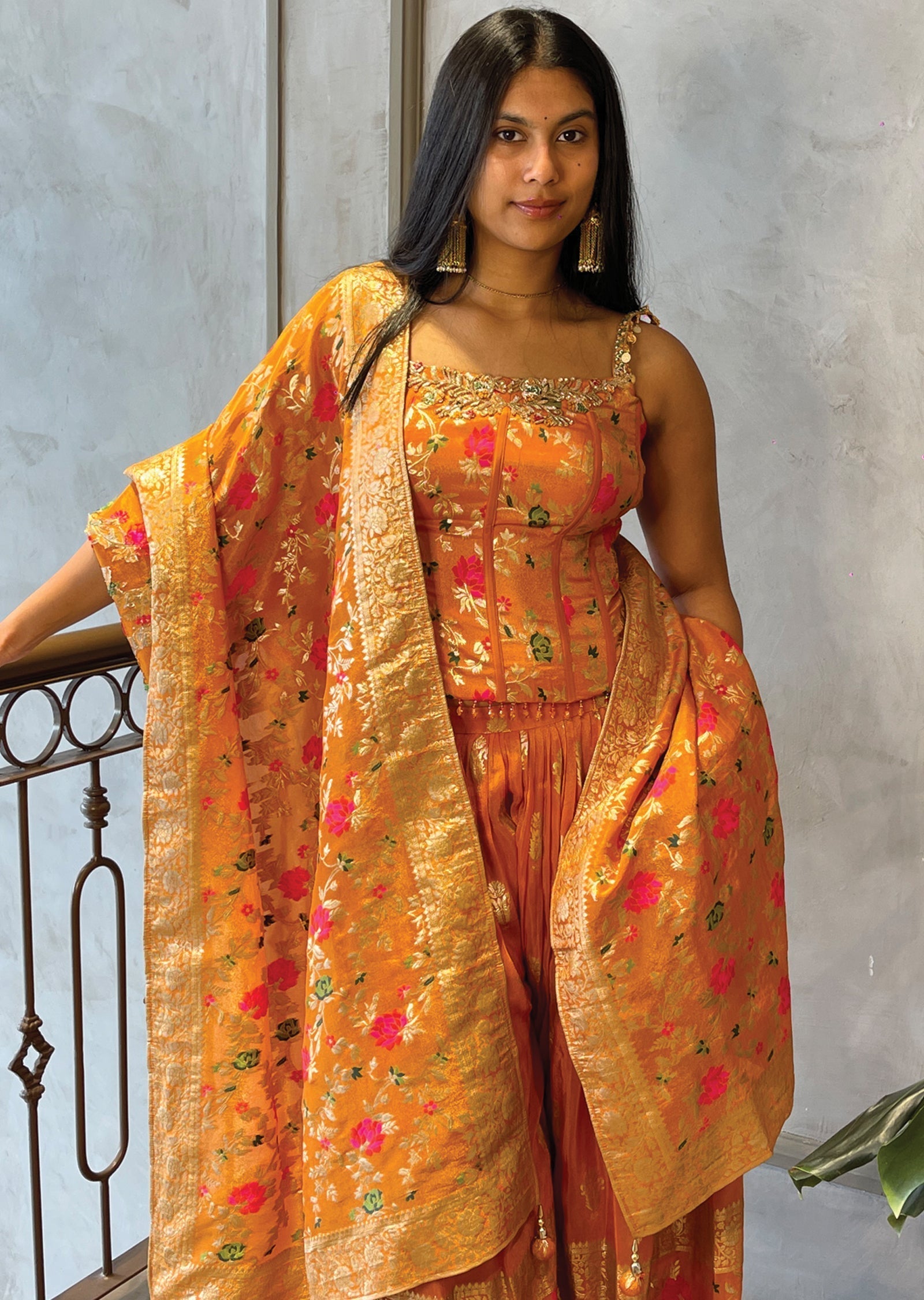 Orange Tissue corset Blouse with Palazzo & Banaras Dupatta
