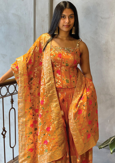 Orange Tissue corset Blouse with Palazzo & Banaras Dupatta