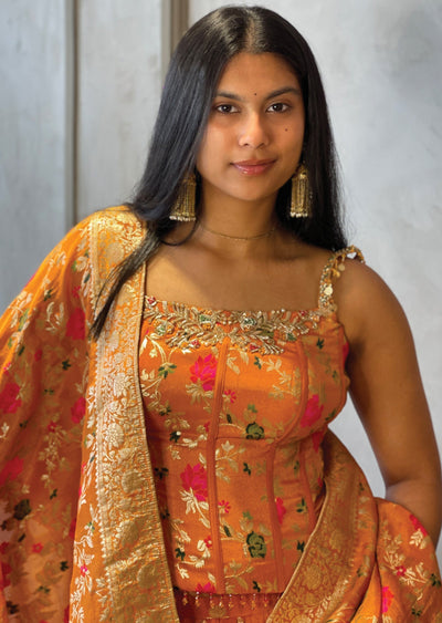 Orange Tissue corset Blouse with Palazzo & Banaras Dupatta