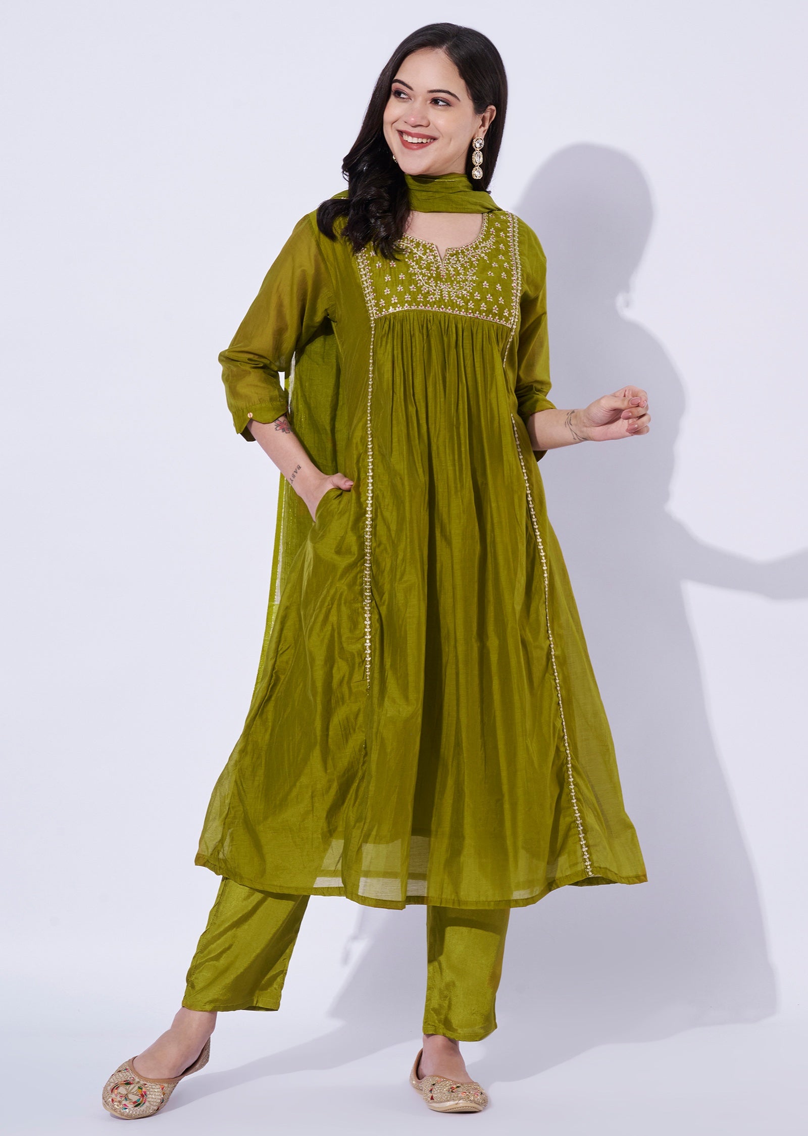 Olive Green Mul Chanderi Anarkali Suit