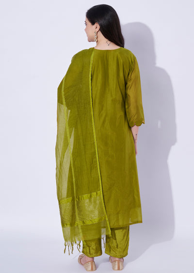 Olive Green Mul Chanderi Anarkali Suit