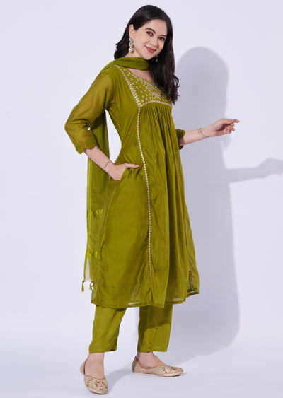Olive Green Mul Chanderi Anarkali Suit