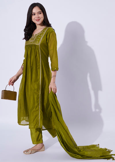 Olive Green Mul Chanderi Anarkali Suit