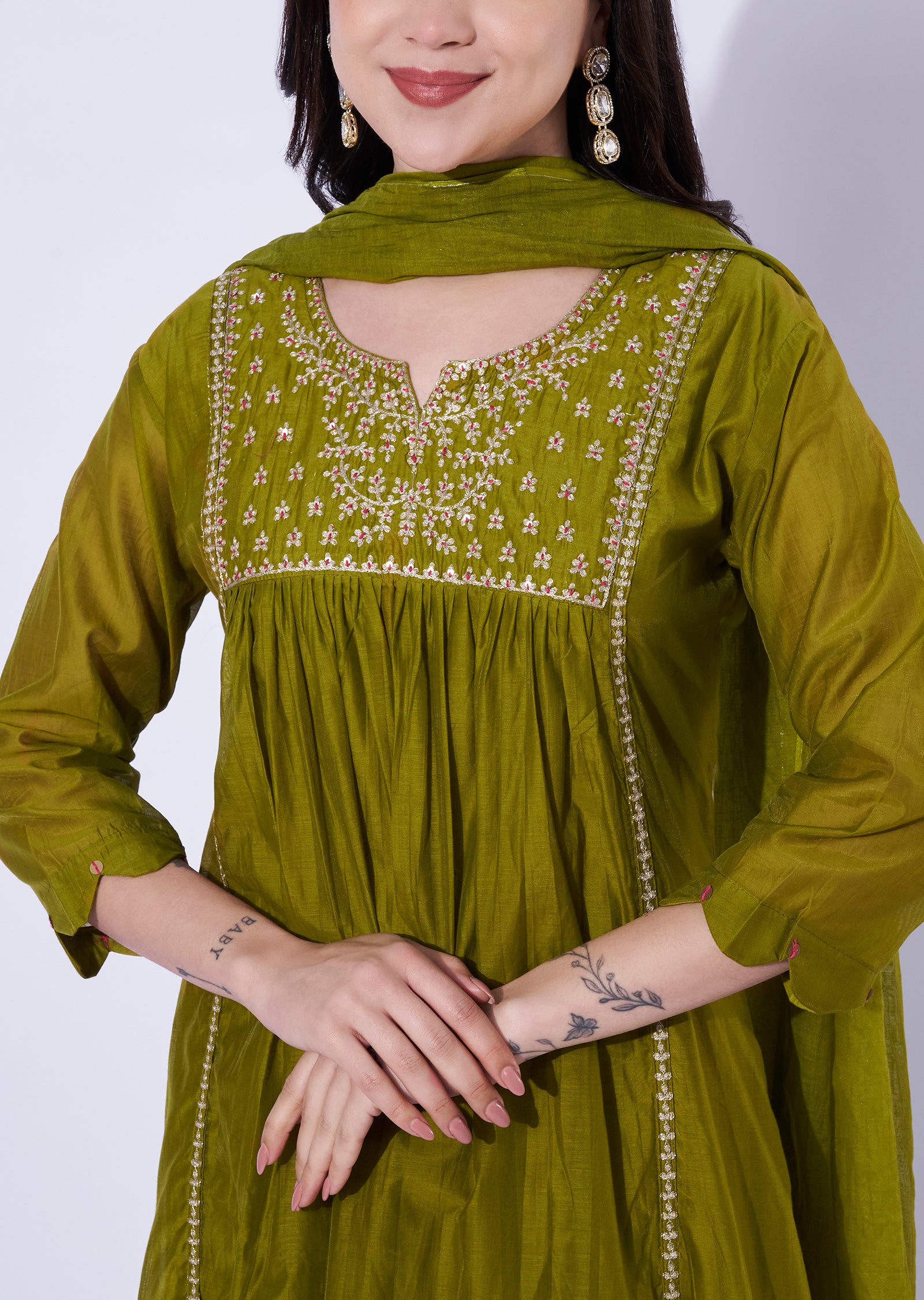 Olive Green Mul Chanderi Anarkali Suit
