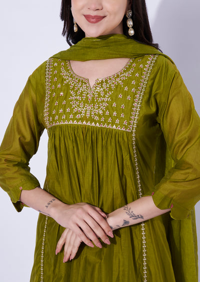 Olive Green Mul Chanderi Anarkali Suit