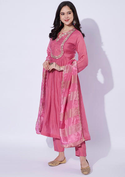 Pink Mul Chanderi Anarkali Suit