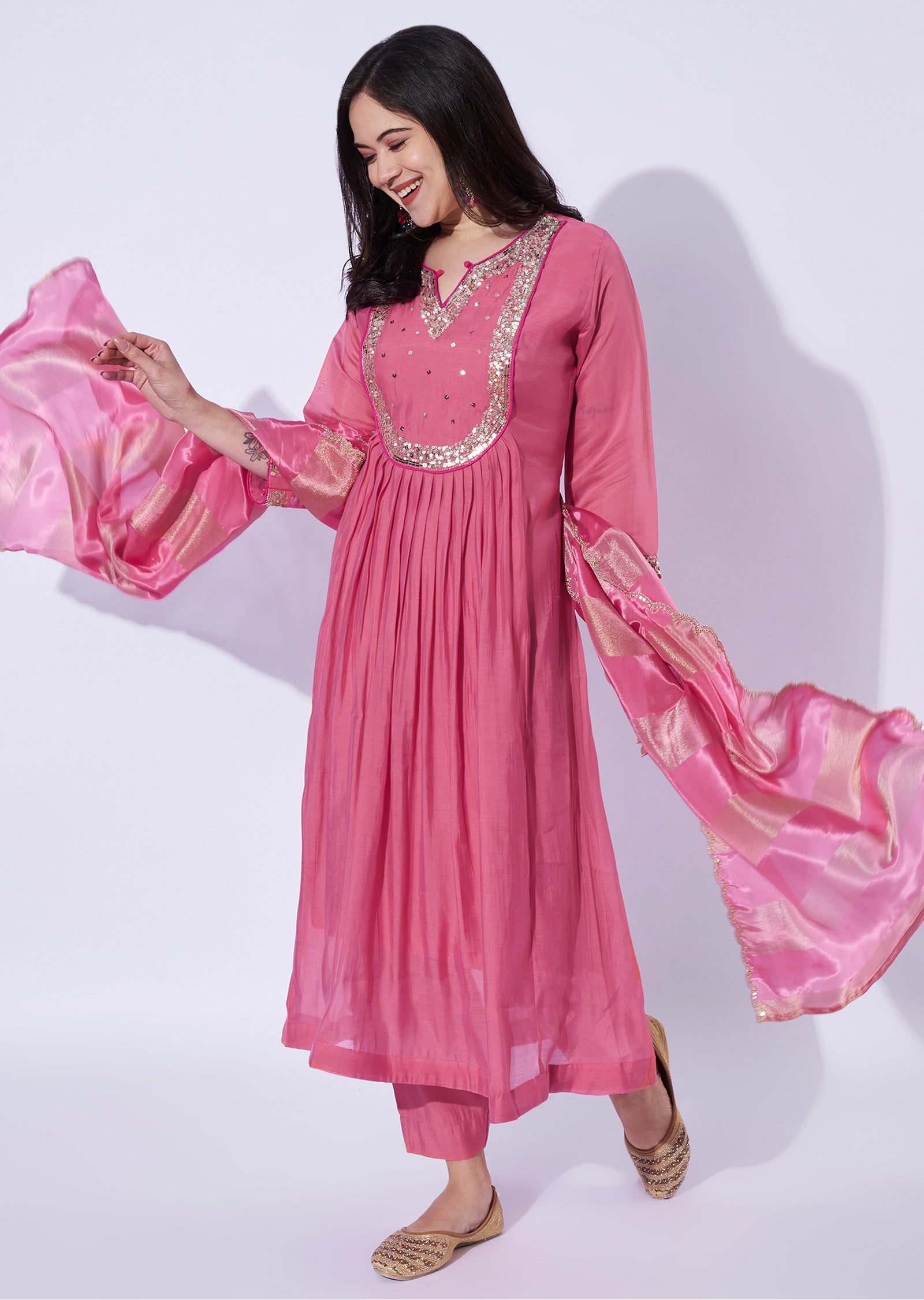 Pink Mul Chanderi Anarkali Suit