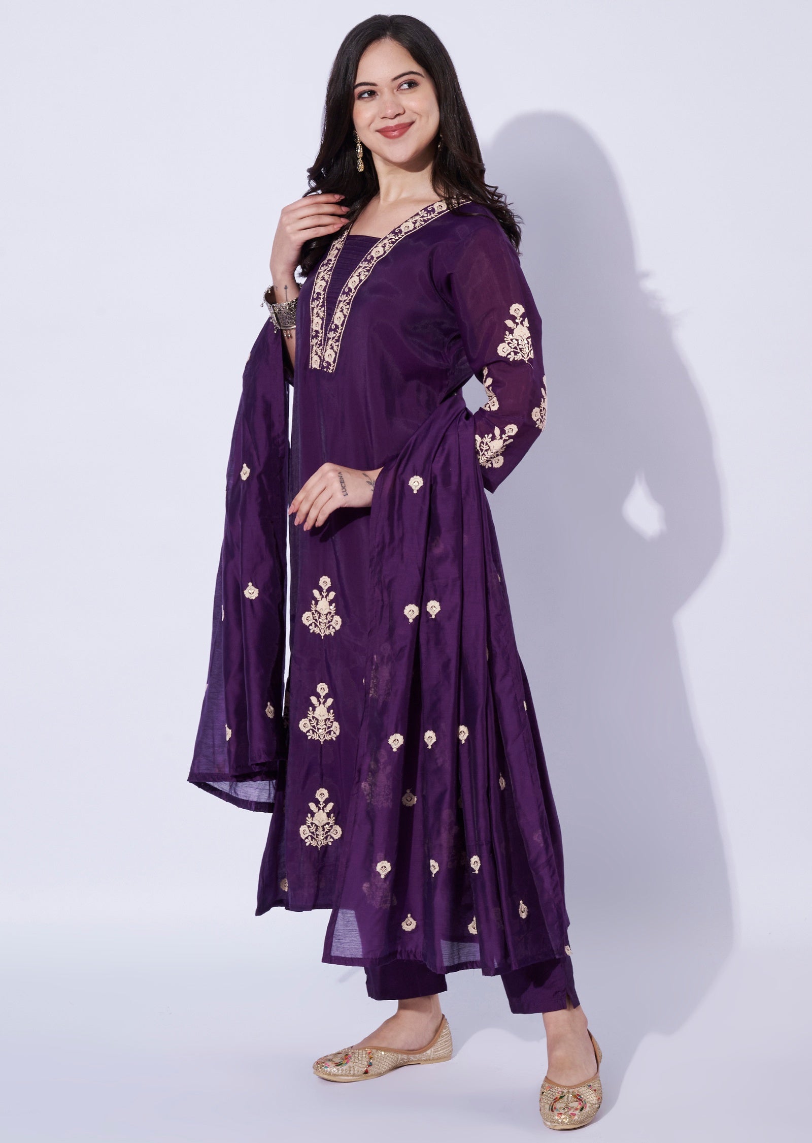 Wine Mul Chanderi Anarkali suit