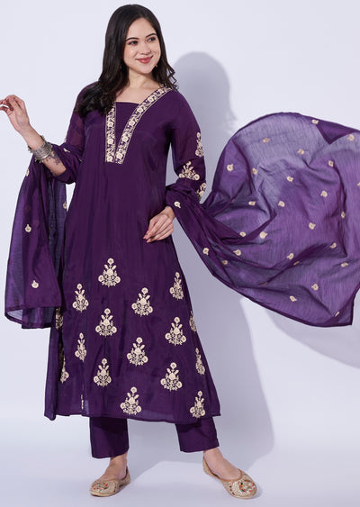Wine Mul Chanderi Anarkali suit