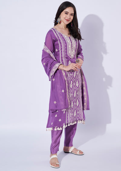 Purple Mul Chanderi Anarkali Suit