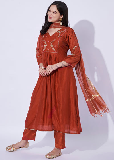 Rust Mul Chanderi Anarkali Suit