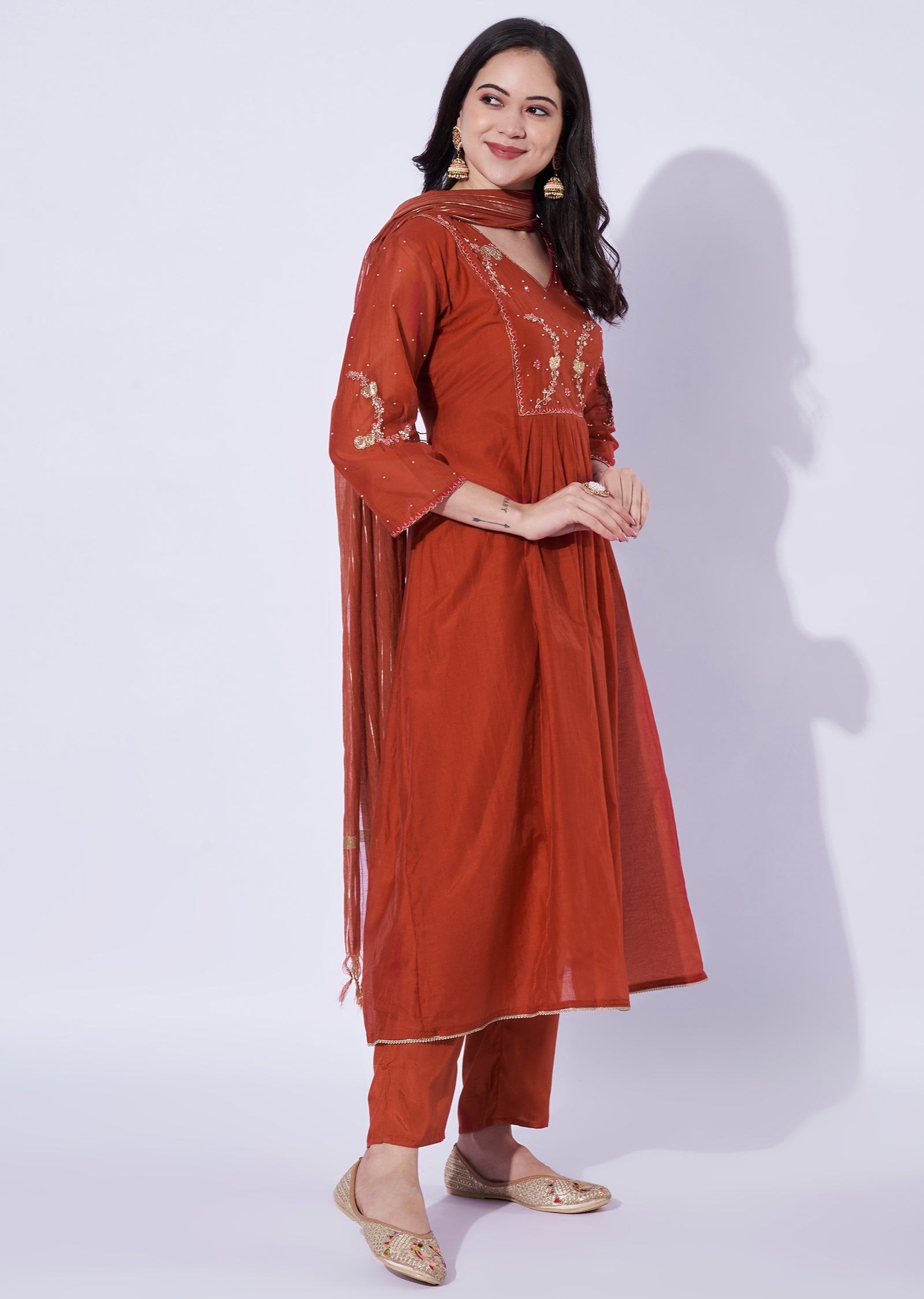 Rust Mul Chanderi Anarkali Suit
