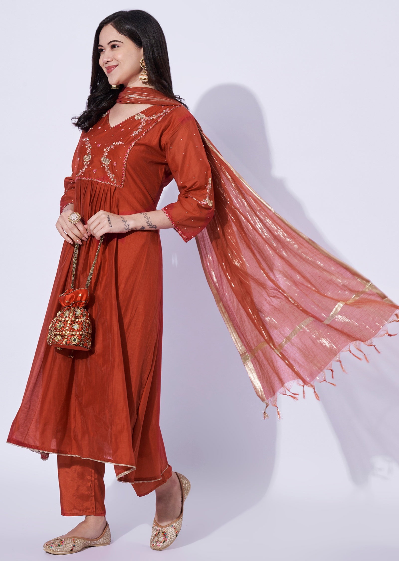 Rust Mul Chanderi Anarkali Suit