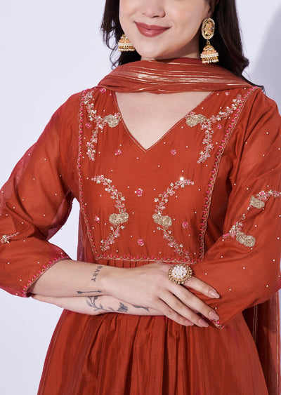 Rust Mul Chanderi Anarkali Suit