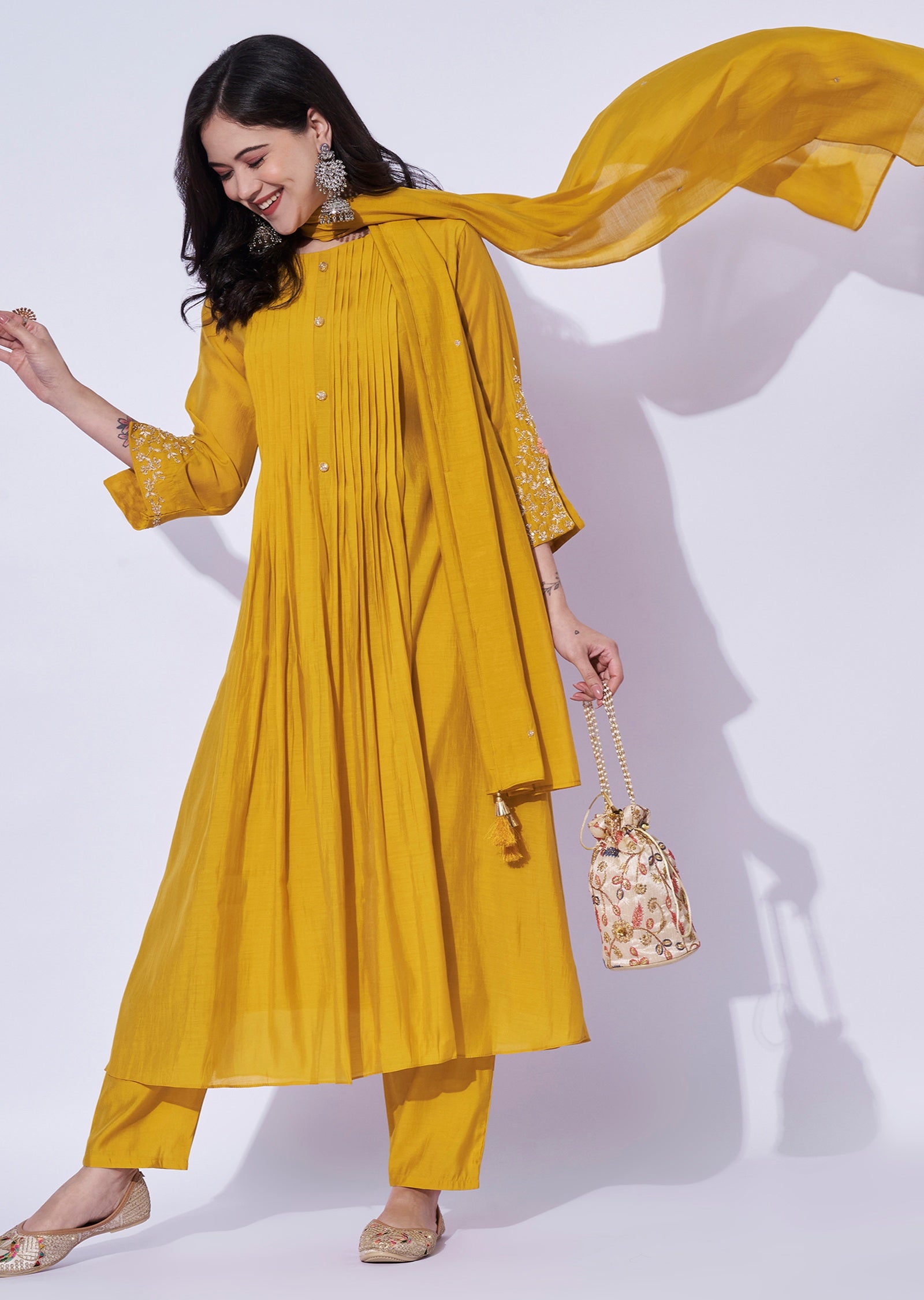 Yellow Mul Chanderi Anarkali Suit