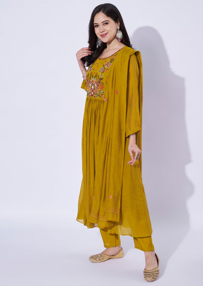 Mustard yellow Mul Chanderi Anarkali