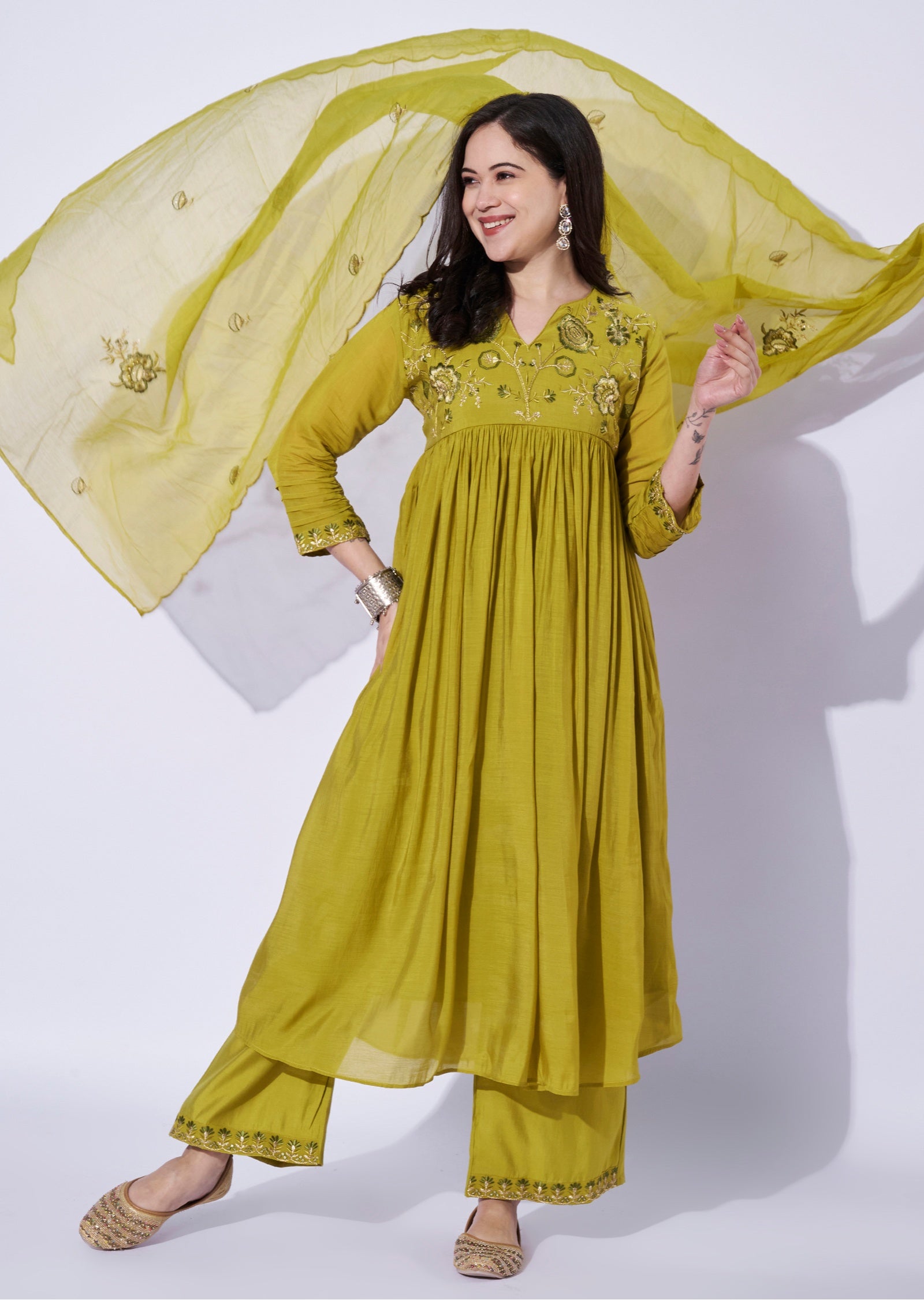Green Mul Chanderi Anarkali