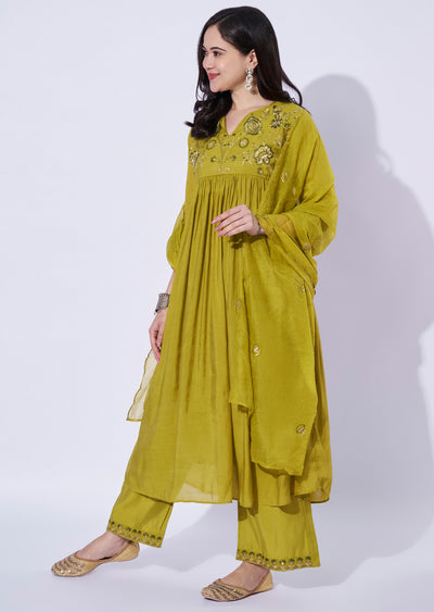 Green Mul Chanderi Anarkali