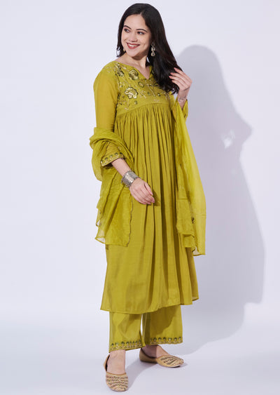 Green Mul Chanderi Anarkali