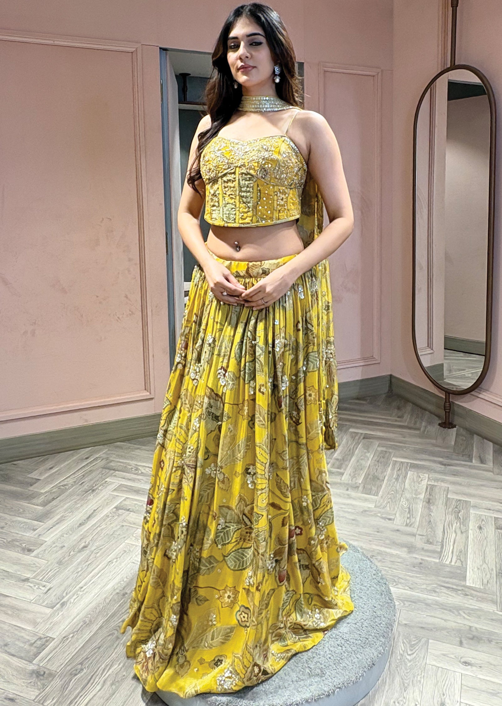 Mustard yellow floral printed corset lehenga