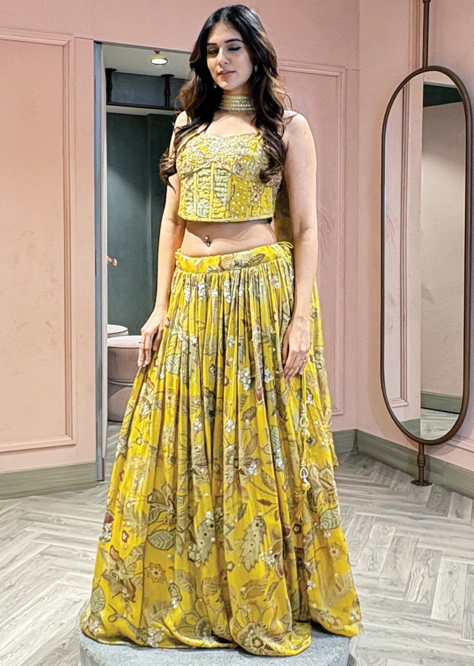 Mustard yellow floral printed corset lehenga