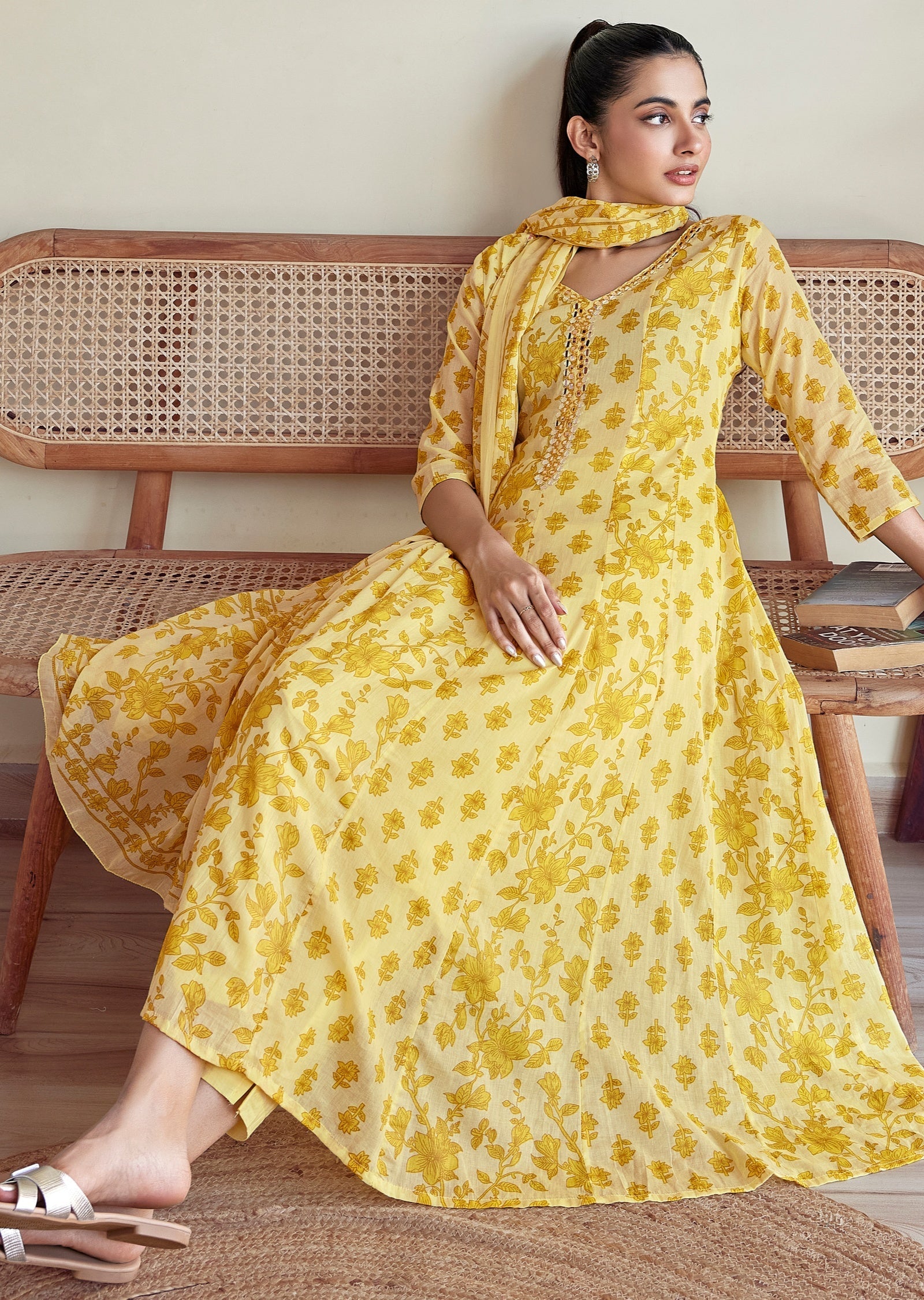 Yellow cotton Anarkali