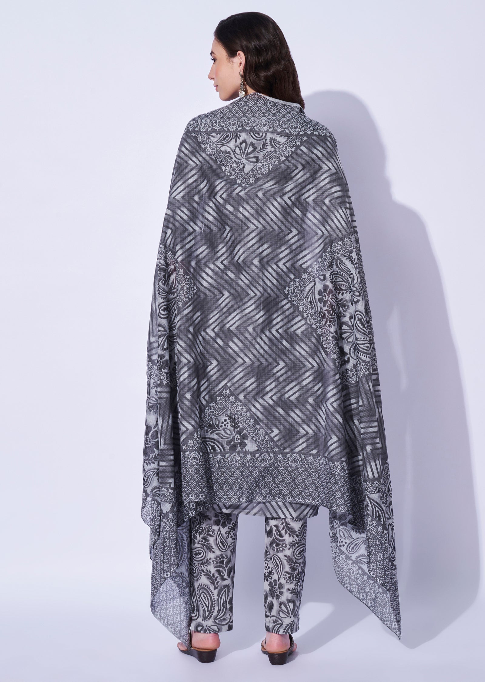 Grey Cotton Straight Cut Kurti Set