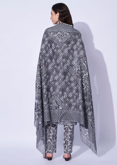 Grey Cotton Straight Cut Kurti Set