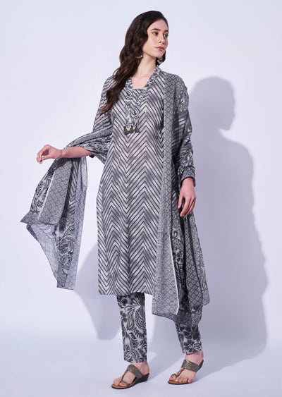 Grey Cotton Straight Cut Kurti Set